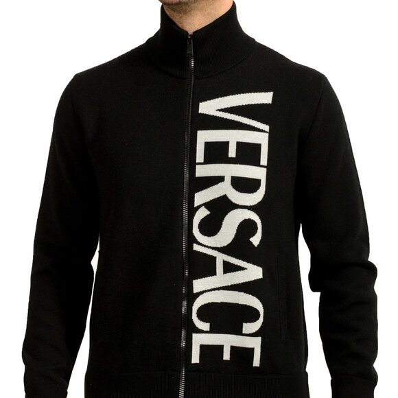 Versace Men's Wool Knitted Logo Print Full Zip Cardigan Sweater US XL IT 54 - Picture 1 of 5